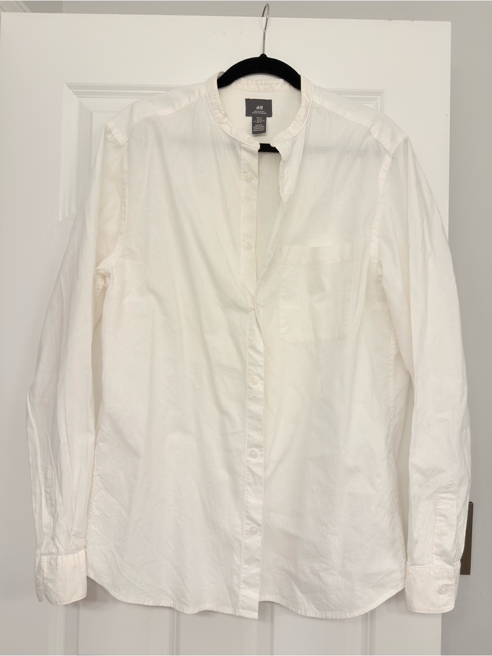 H&M White Men's Band Collar Button-Up Linen Blend Shirt